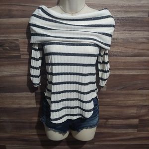 (3for$20)  White and black/silver metallic striped cowl neck fitted sweater